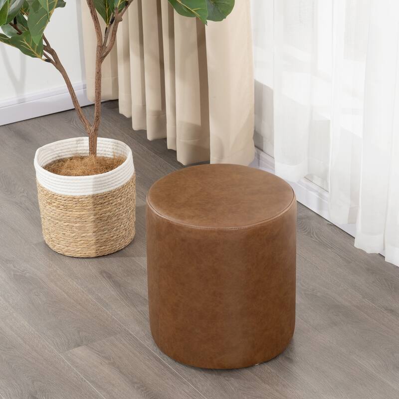 Adeco 15" Faux Leather Round Ottoman Upholstered Footrest Stool for Living Room