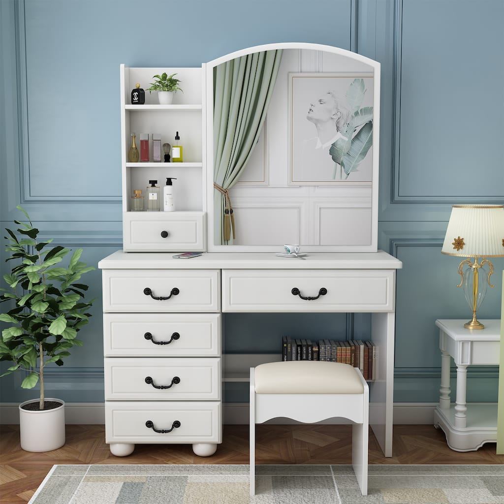 6 Drawers Vanity Desk with Large Led Makeup Mirror, Dressing Table and Stool Set for Bedroom