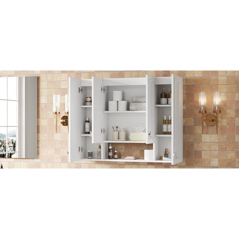 Roomfitters Wall Mounted Medicine Cabinet with 5 Adjustable Shelves, Modern Mirror Storage with Open Shelving, White