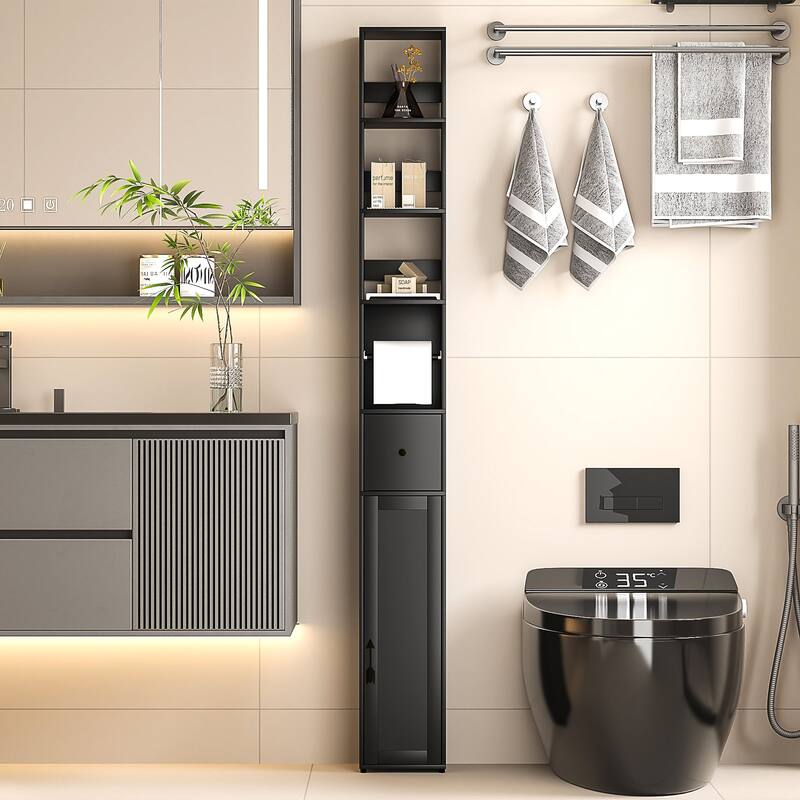 VECELO Tall Bathroom Storage Cabinet, Freestanding Linen Tower with 4-Tier Shelf, 1 Drawer and 1 Cupboards