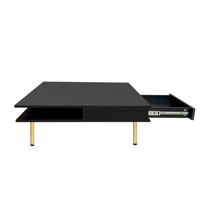 Stylish High Gloss Coffee Table 2 Tier Square Center Table with 4 Gold Legs and 2 Small Drawers, for Living Room