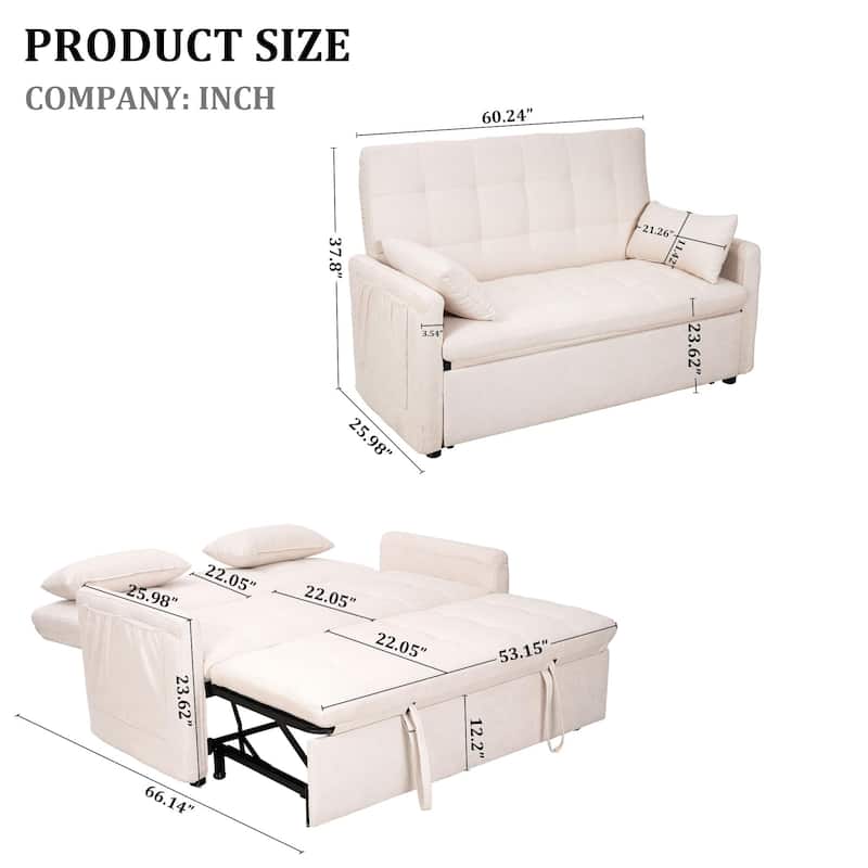 GDFStudio - Linen Convertible 61" Sofa Bed with Adjustable Backrest