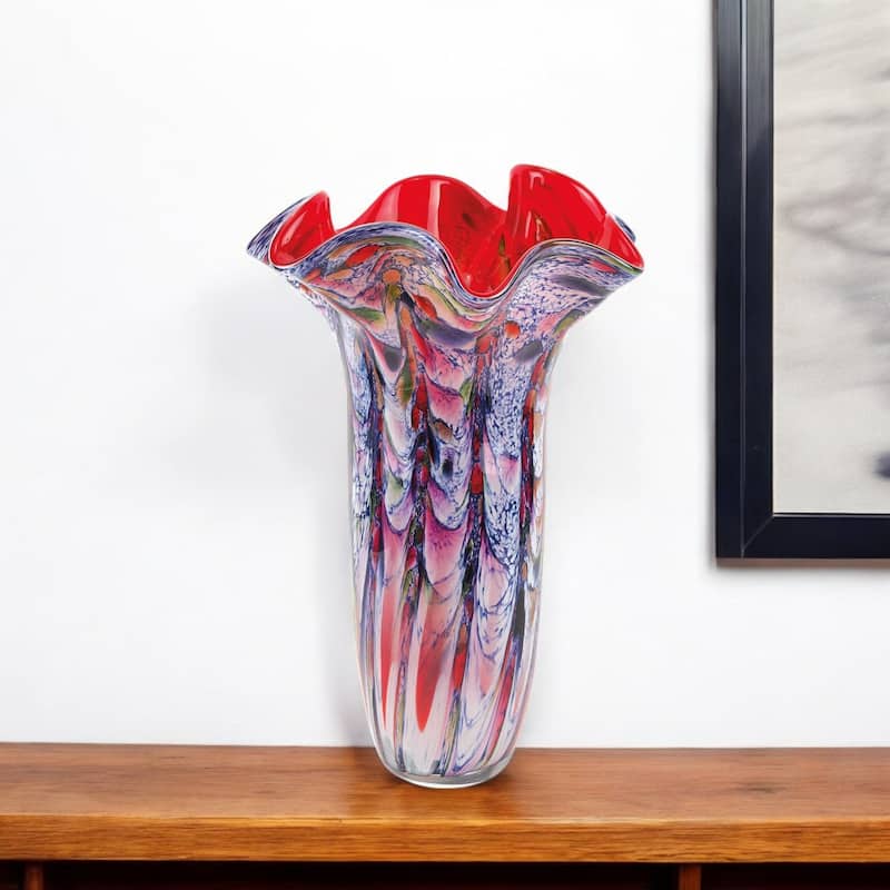 HomeRoots 17" Blue Red And White Abstract Wavy Murano Glass Table Vase