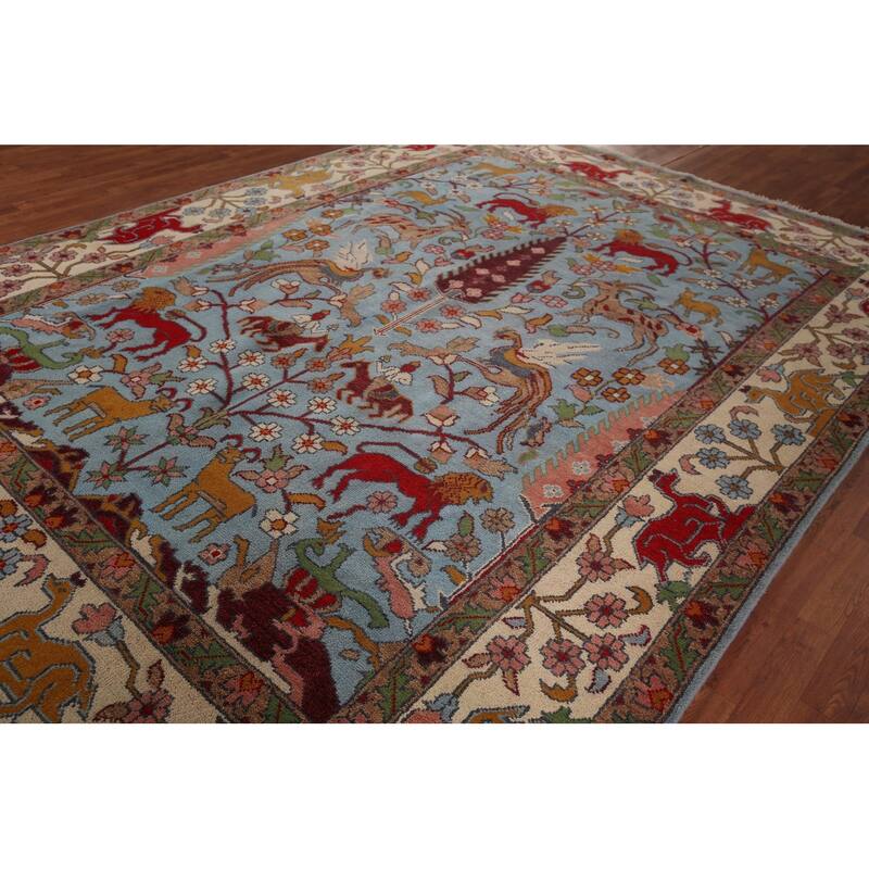 Hunting Animals Blue Ziegler Indian Area Rug Hand-Knotted Wool Carpet - 8'10"x 12'2"