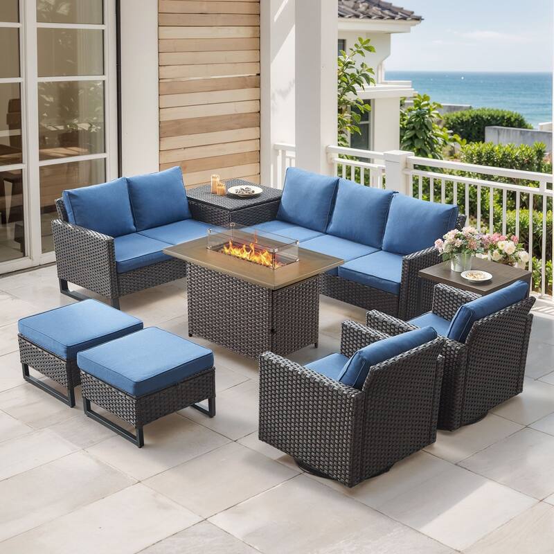 Gymojoy 9 Piece All-Weather Wicker Outdoor Patio Family Conversation Set Group With Fire Pit Table