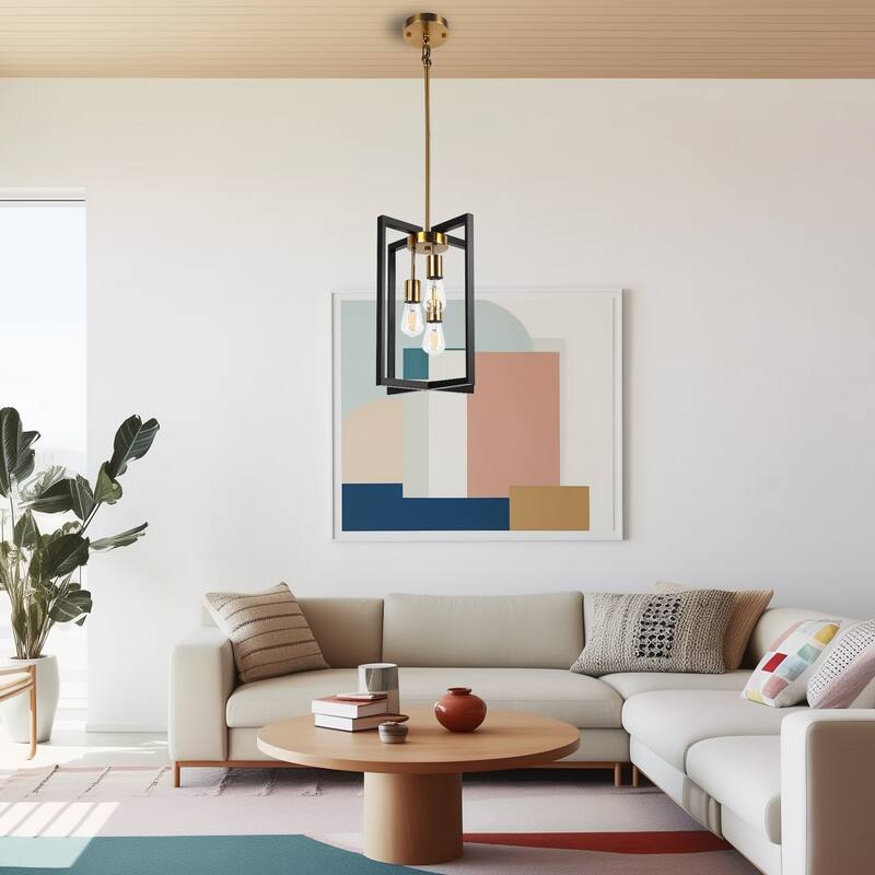 Industrial Farmhouse Pendant Lights, Rectangle 3-Light Modern Black and Golden Chandelier - Black and Gold - 13.78