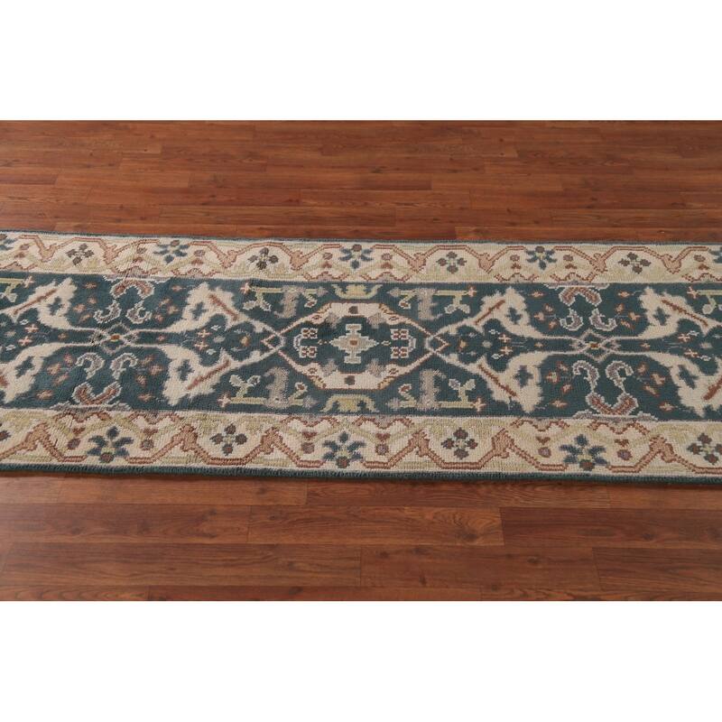 Transitional Blue Oushak Runner Rug Hand-Knotted Wool Carpet - 2'5" x 9'11"