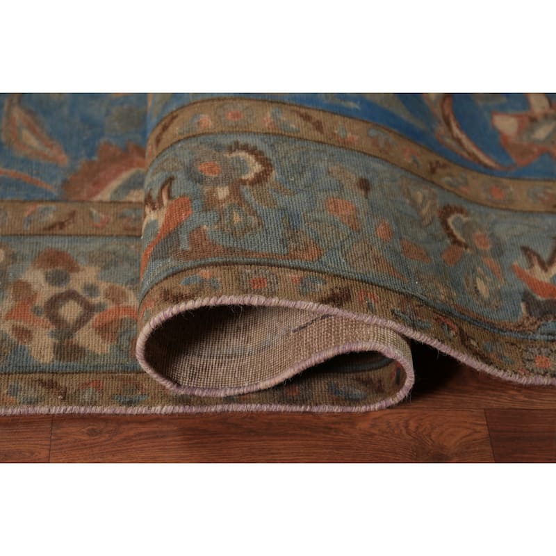 All-Over Floral Blue Tabriz Persian Area Rug Hand-Knotted Wool Carpet - 7'10"x 11'0"