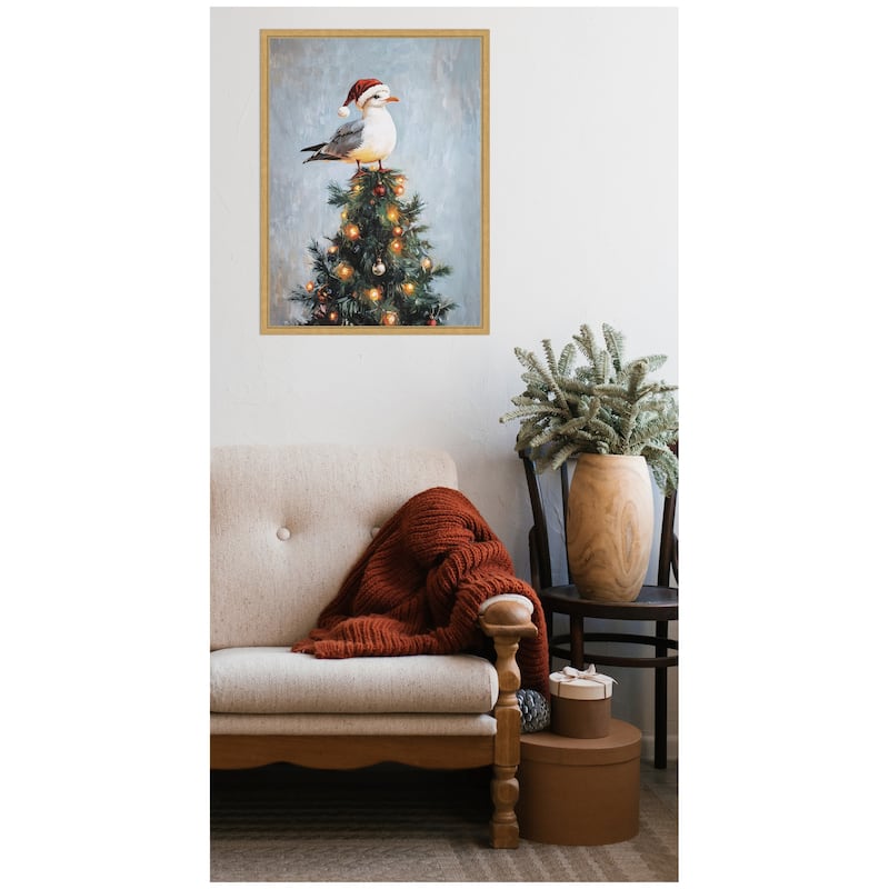 Kate and Laurel Framed Canvas Seagull Santa Hat Festive Holiday Tree by The Creative Bunch Studio