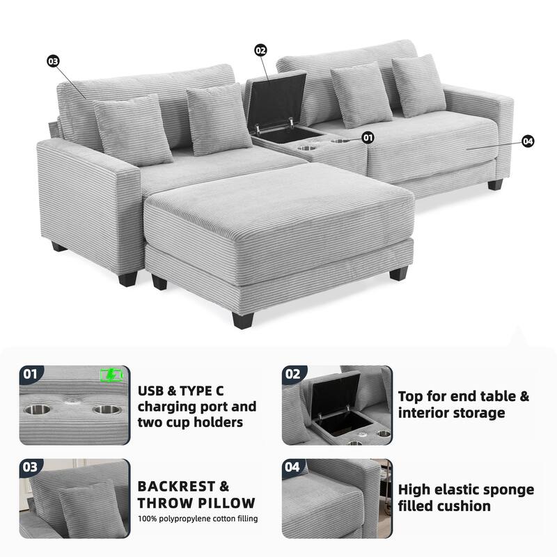 Oversized Corduroy Upholstered Sofa with a Removable Ottoman & 4 Pillows