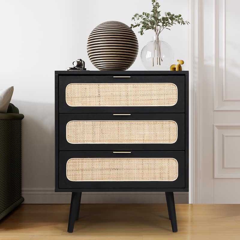 3-Drawer Wood Storage Nightstand - Black