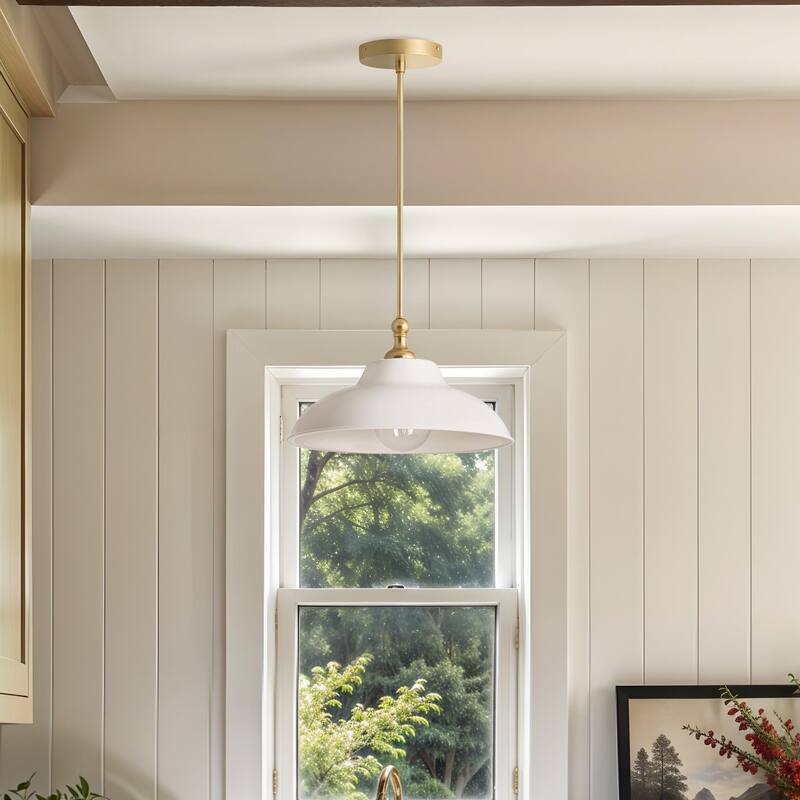 Tresor White Modern Pendant Light - Metal & Gold, White Dome Light Fixture For Modern, Scandinavian, Minimalist Room Decor - 12"