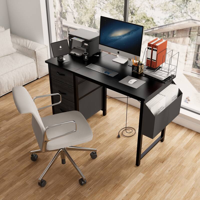47.3"office desk with power outlet,3 drawers,Large Side Pocket,computer desk,Writing desk,Vanity table - Black