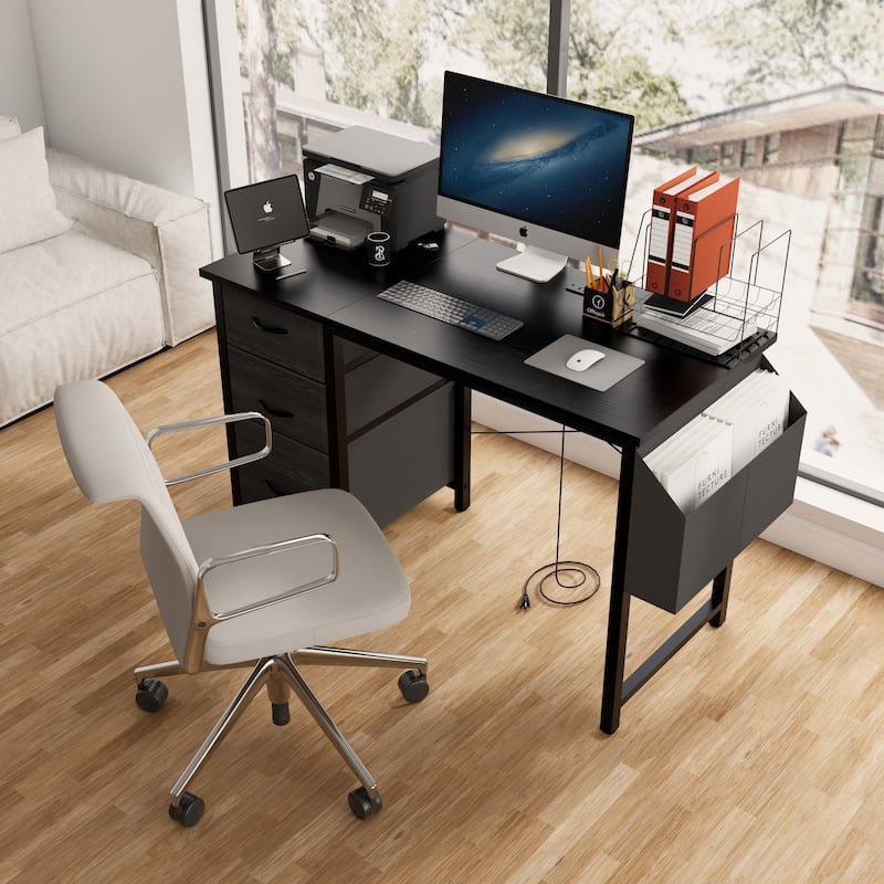 Computer Desk with 3 Drawers & Power Outlet, Home Office Desk with Side Pocket, Multifunctional Study Desk Gaming Desk - Black
