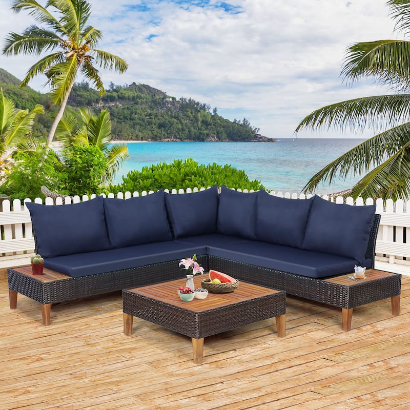 4 PCS Wood Patio Furniture Set Outdoor Rattan Sectional Sofa Set