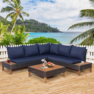 4 PCS Wood Patio Furniture Set Outdoor Rattan Sectional Sofa Set