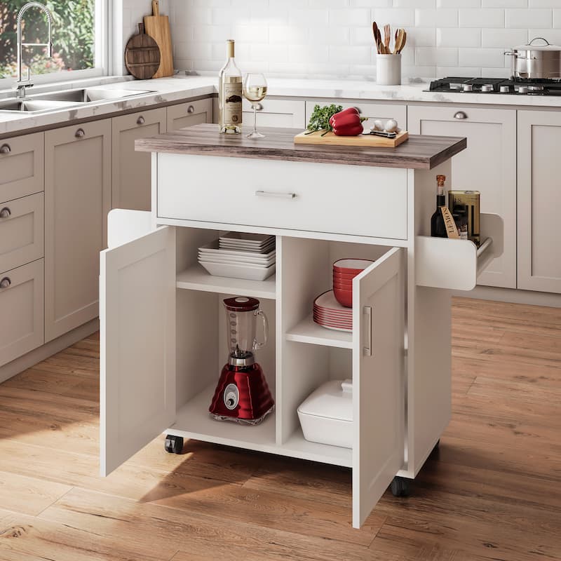 Mobile Kitchen Island Cart with Water Resistant Top,Cabinets with Adjustable Shelves,and Towel & Spice Rack