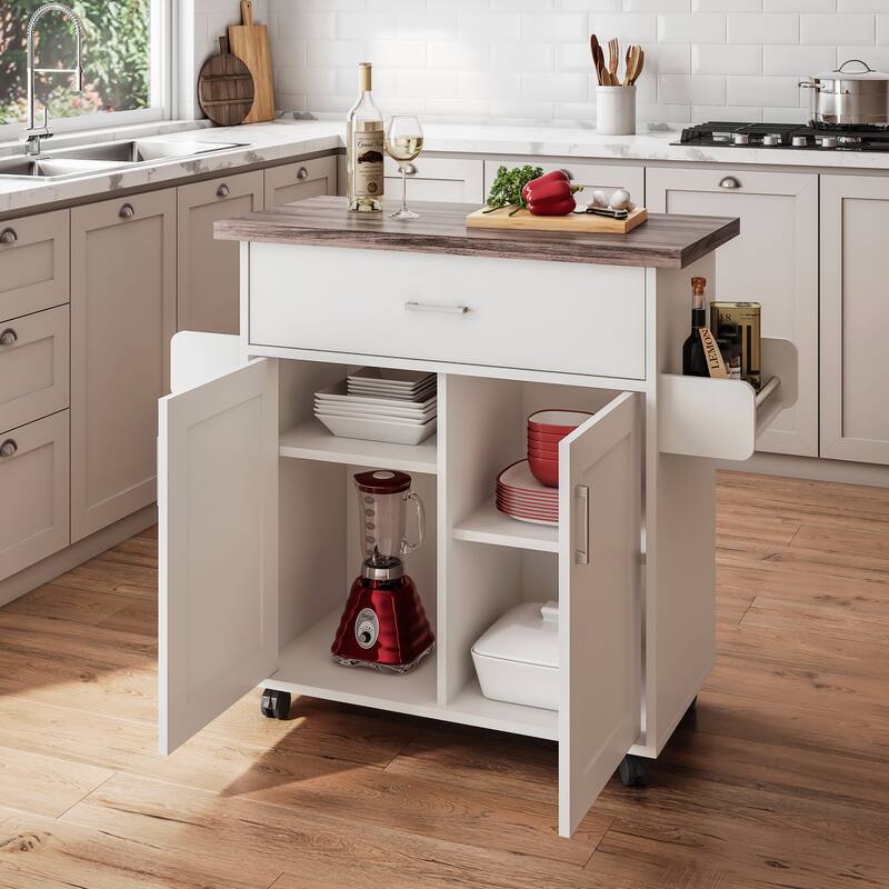 Rolling Kitchen Island Cart with Adjustable Shelves, Towel Rack, and Spice Rack