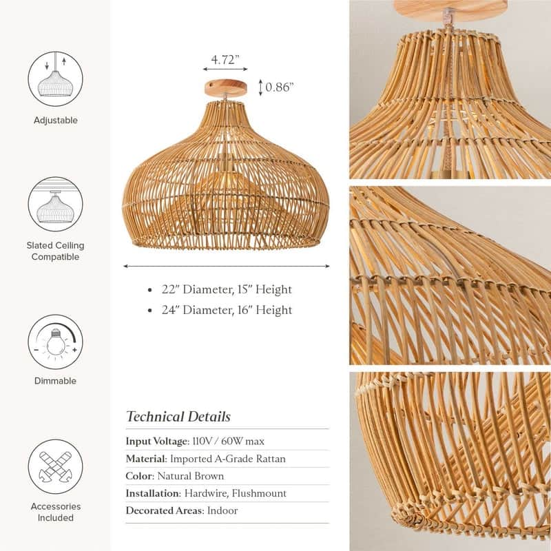 Oceania Rattan Flush Mount Rattan Natural Cone Handwoven Dimmable Ceiling Light for Bedroom or Hallway in Farmhouse, Boho Style
