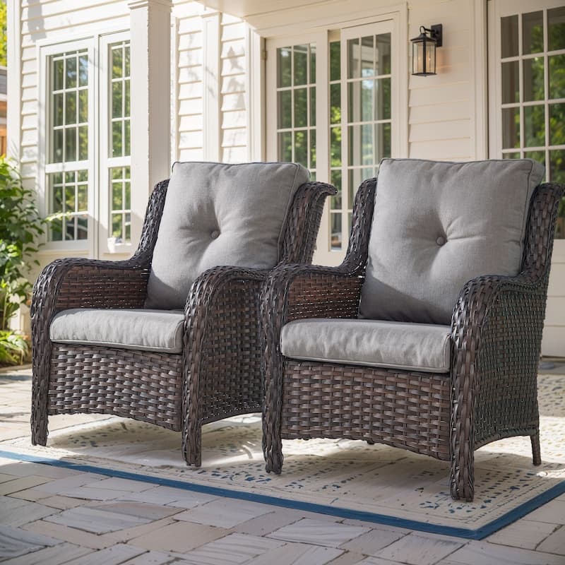 Pocassy Outdoor Patio Chairs Ottoman Table with 4 Inch Cushion - 2 Pieces Patio Chair - Brown Rattan Grey Cushion