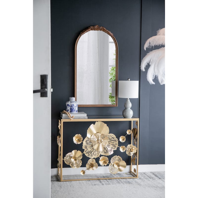 23" x 42" Hand Carved Rose Antique Mirror Frame, Wood Arch Mirror Wall Decor for Living Room, Bathroom, Entryway