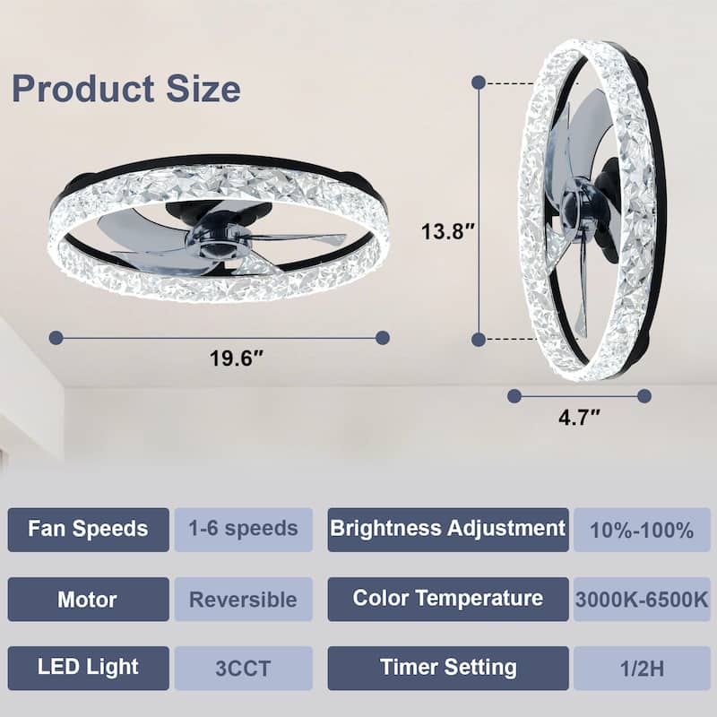 Low Profile Ceiling Fan with Light: 20-16 Inch, App Remote Control, Dimmable 3 CCT LED, 6 Wind Speeds, Ultra Quiet