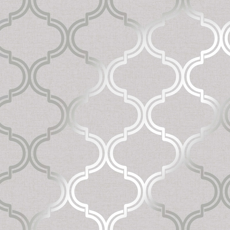 Glistening Geometric Trellis Grey and Silver Unpasted Wallpaper – 396in x 20.8in - Grey