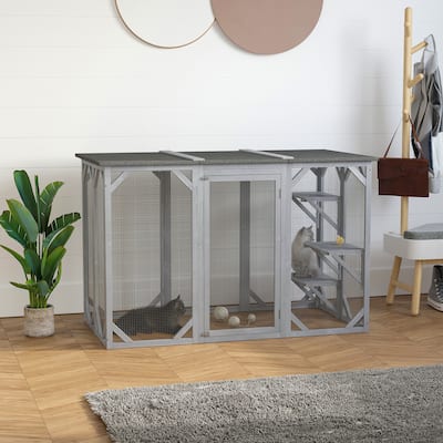 Grey Fir Wood Cat Cage with 3 Platforms and Weather-Resistant Roof