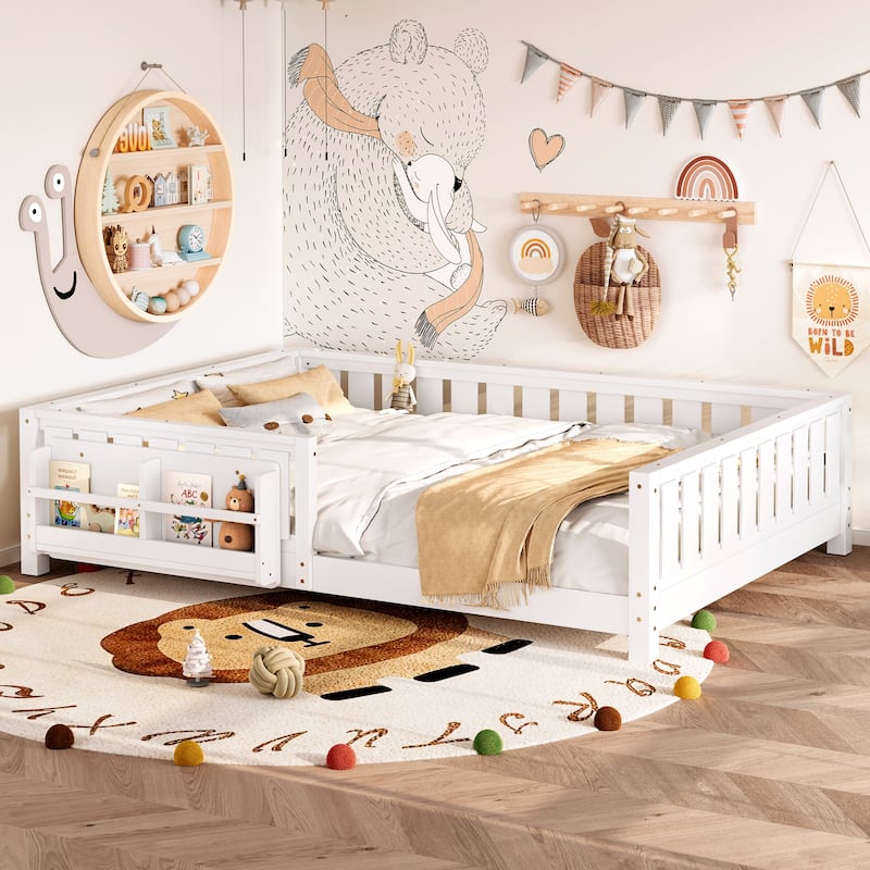 Montessori Floor Bed Low Profile Kids Bed with Rails & Bookshelf - White - Queen