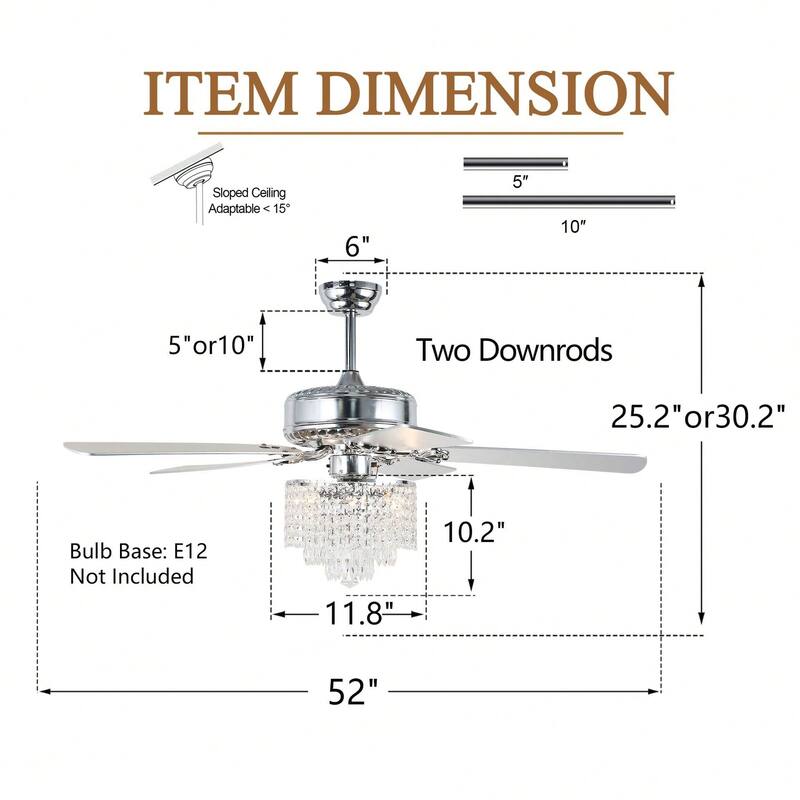 Cusp Barn 52-In Modern Crystal Chandelier Ceiling Fan with Light, Glam Silent DC Motor Dual Finish Blades Reversible Ceiling Fan