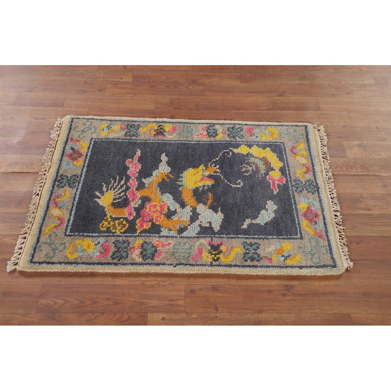 Hand Knotted Oriental 100% Wool Carpet Traditional Geometric Navy Blue & Blues Art Deco Area Rug - 3' 0'' X 2' 0''