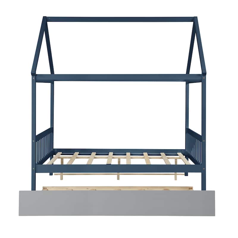 Full Size House Bed with Trundle and Charming Roof Detail