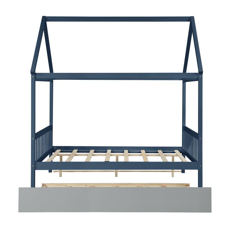 Full Size Wood House Bed with Trundle and Roof