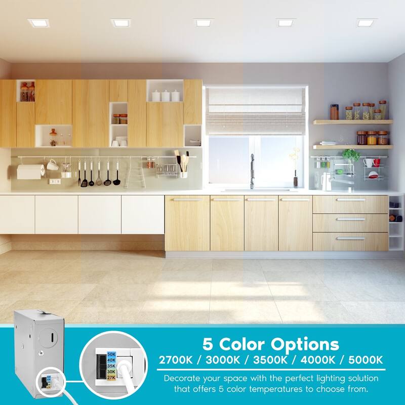 Luxrite 6" Square LED Recessed Lighting, Color Temperature Selectable 2700K / 3000K / 3500K / 4000K / 5000K, 4-Pack