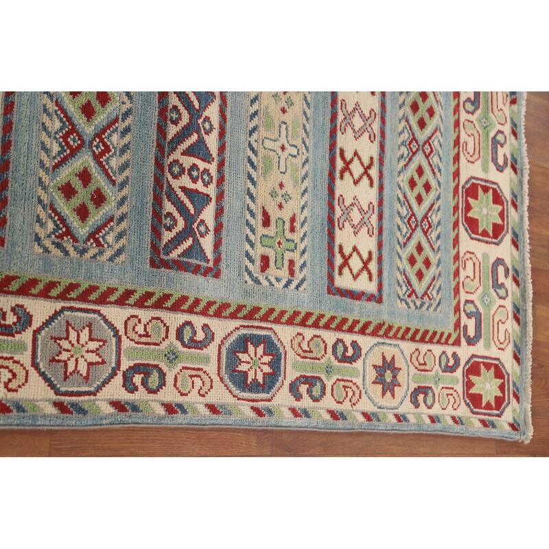 Light Blue Kazak Runner Rug Hand-Knotted Geometric Wool Carpet - 3'4" x 16'0"