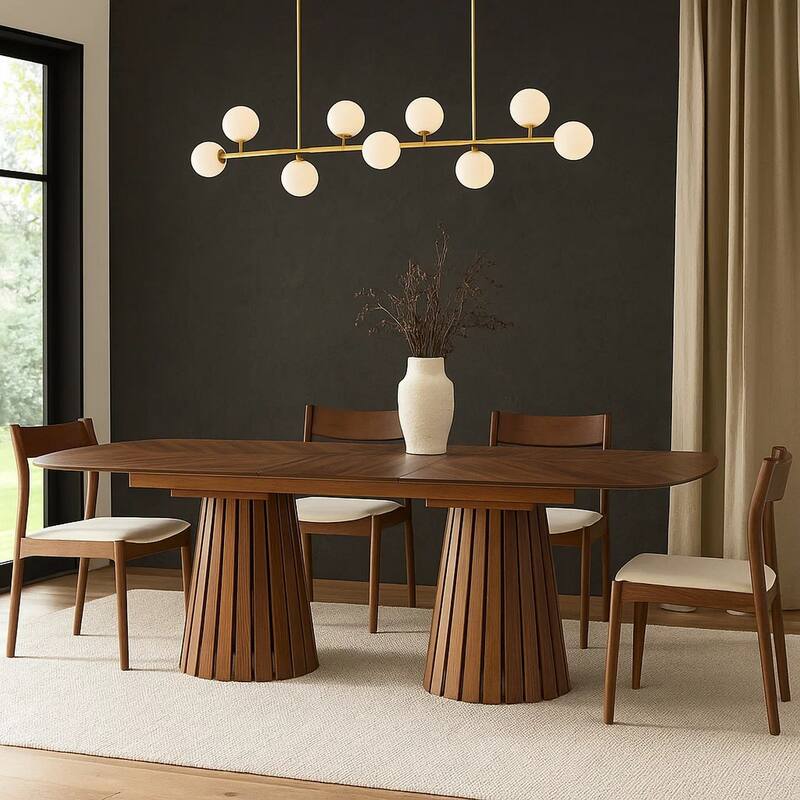 Cid Naj Dining Table, 95-118 Inch Extendable Top, Walnut Brown Solid Wood - Natural Walnut Brown