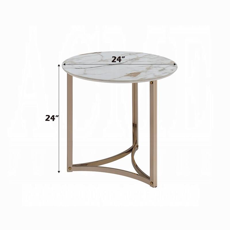 Acor Side End Table, 24 Inch, Round Sintered Stone Top, White and Gold