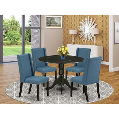 HomeStock 5-Piece Round Black Finish Solid Wood Top Dining Table with 4-Parson Chair with Lattice Back