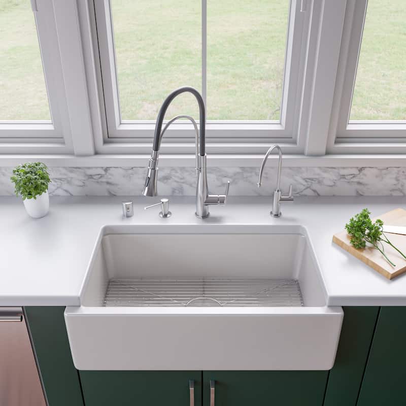 ALFI brand AB3318HS-W Modern 33" x 18" Reversible Fluted / Smooth Single Bowl Rectangular Fireclay Farm Sink - White