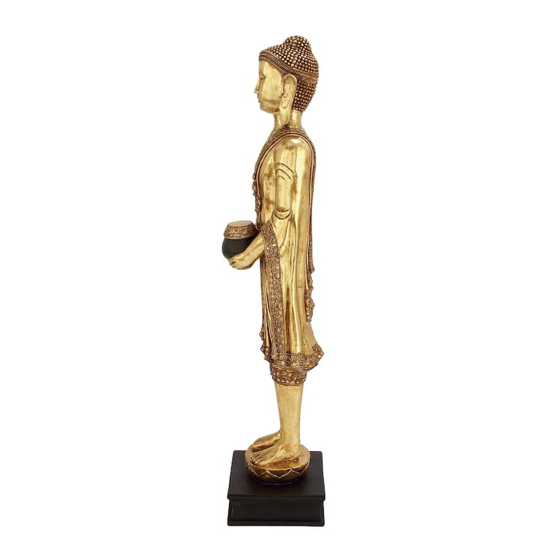 Polystone Buddha Standing Floor Sculpture with Engraved Carvings and Relief Detailing - Gold - Roche River Decor