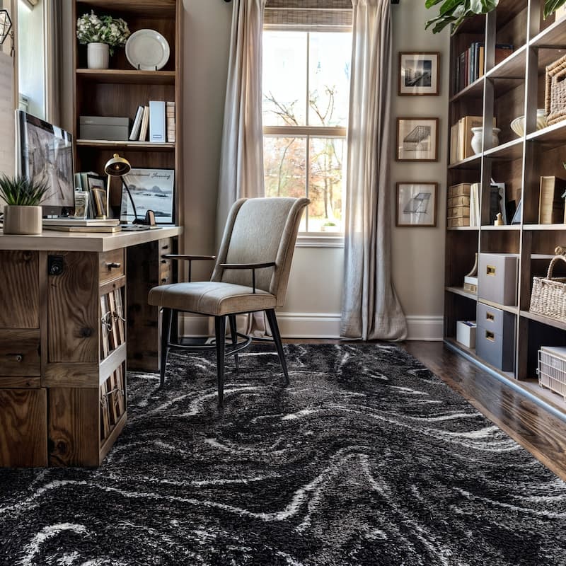 Abstract Marble Shag Rug - Anthracite Dark Gray - Plush Medium Pile, Durable with Jute Backing