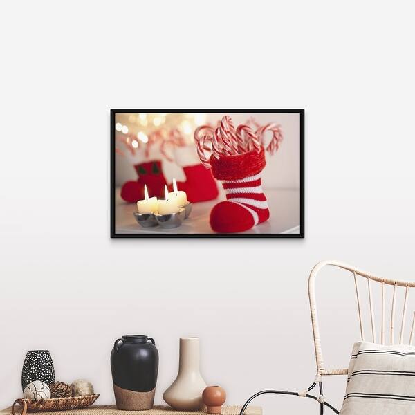 Shop Black Friday Deals On Christmas Candy Cane In Stocking With Candles Black Float Frame Canvas Art Overstock 25494742
