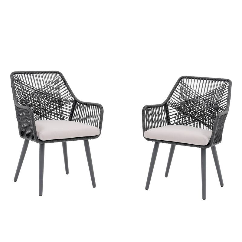 Outdoor Patio Woven Rope Dining Chairs With Armrest and Seat Cushions