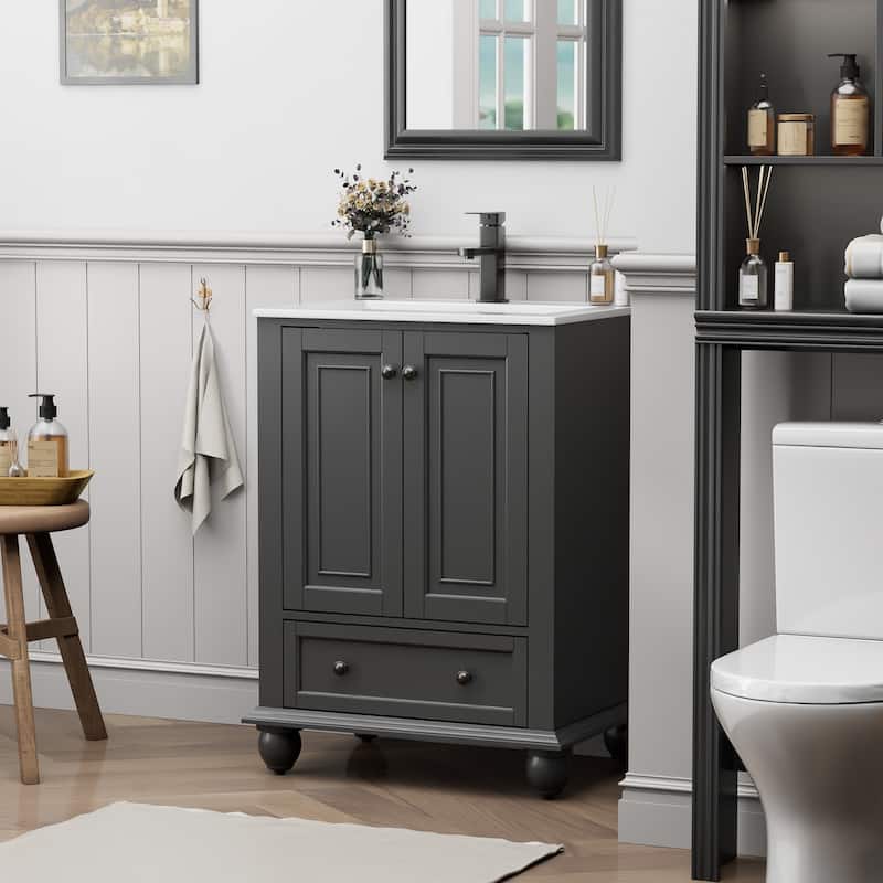 Retro Bathroom Vanity Cabinet Solid Wood Classic with Ceramic Sink