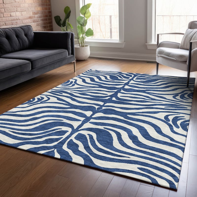 Machine Washable Indoor/ Outdoor Modern Animal Print Chantille Rug - Navy - 3' x 5'