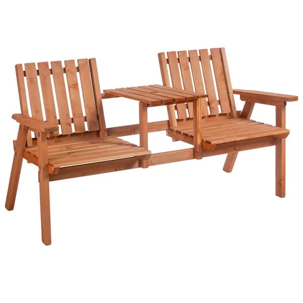 slide 2 of 11, Bistro Set,Outsunny Patio Bench,Garden Bench with Middle Table and Umbrella Hole,Wooden Outdoor Bench for Patio Orange