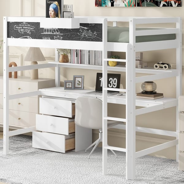 slide 2 of 15, Wood Twin Size Loft Bed with Desk, Blackboard, Storage Box, Shelf & 3 Drawers, Safe Design with Guardrails, White White