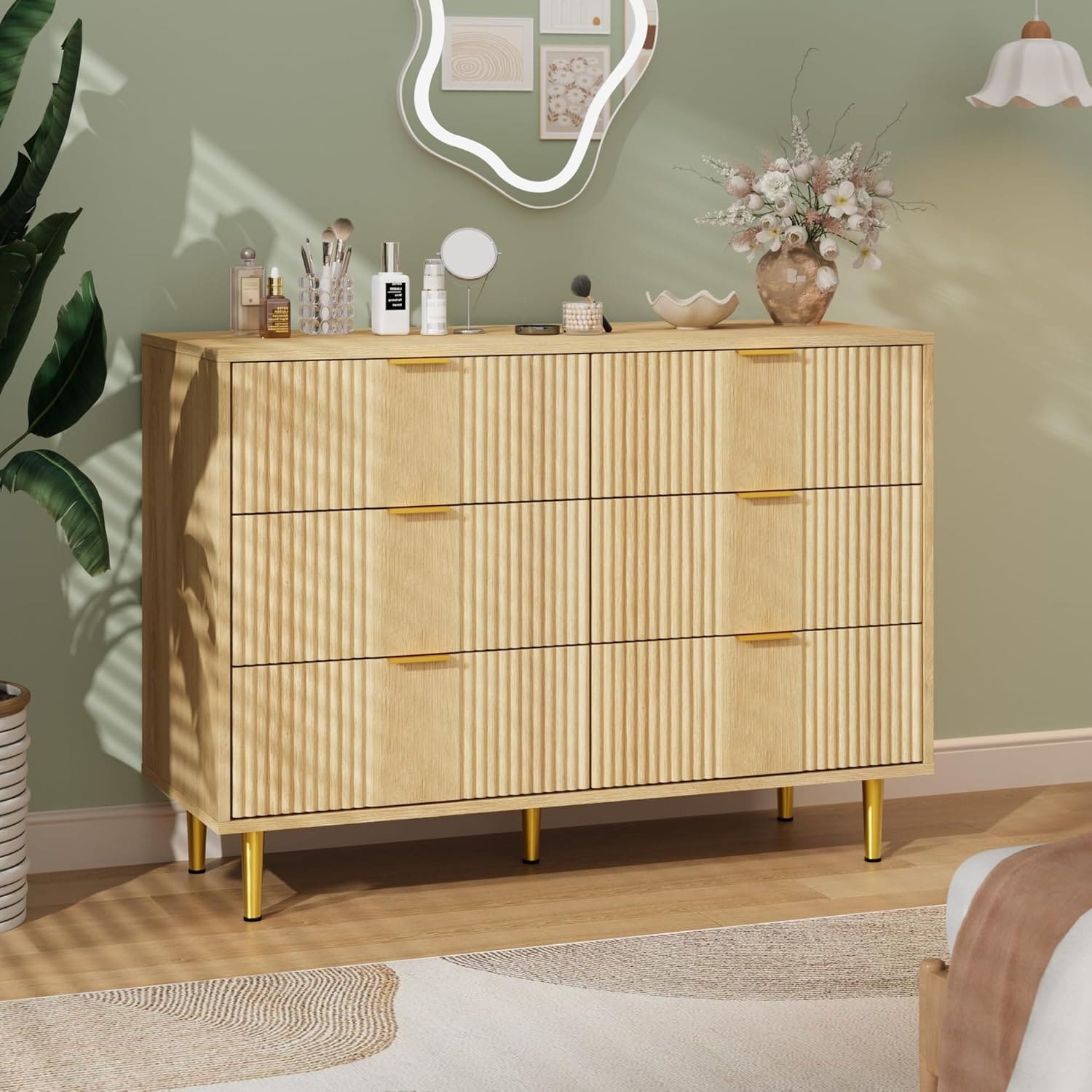 Fluted Dresser, Modern Chest of Drawers with Metal Handle, Wooden Closet Clothes Storage Organizer