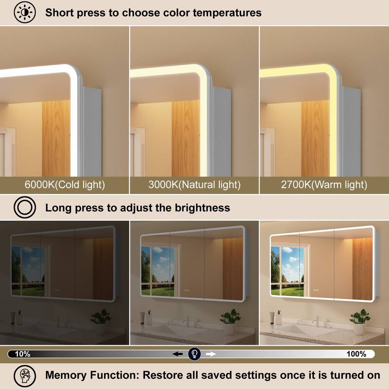 Rounded Edge LED Medicine Cabinet with Mirror, Dimmable, Anti-fog, Adjustable Shelves, Recessed or Wall Mount, ETL Certified
