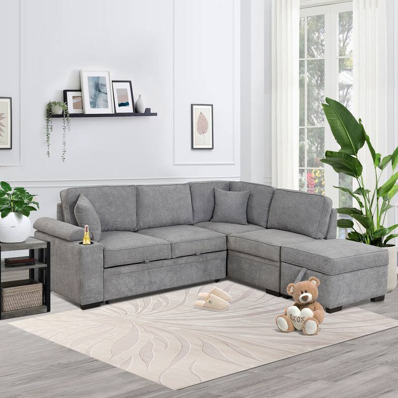 Modern 2 in 1 Pull Out sofa bed L Shape Couch with Storage Ottoman